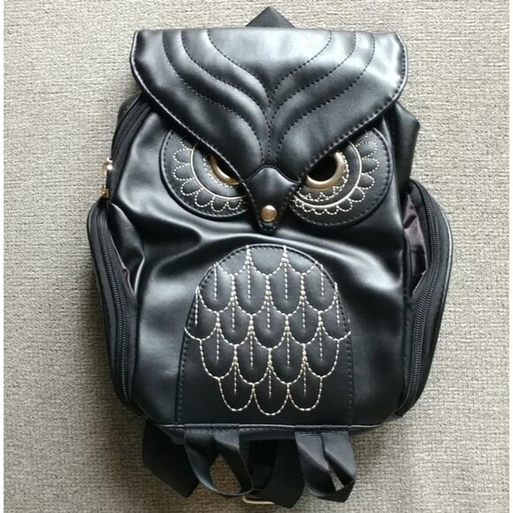 Handbags - Owl Shaped Black Backpack Purse Gold Embroidery and Zippered Pockets